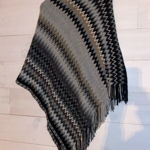 Chevron Patterned Knitted Poncho  - Black, Gray, and Brown